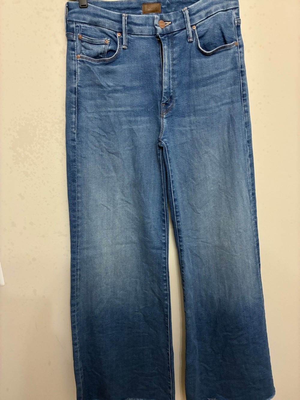 MOTHER Medium Blue Denim Jeans with Brown Leather Patch